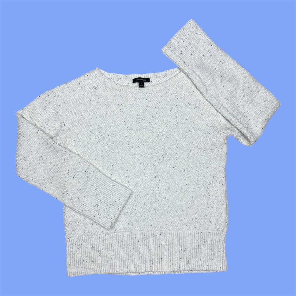 Ann Taylor Tweed Knit Sweater White Speckled Crew Neck‎ Long Sleeve Womens M
